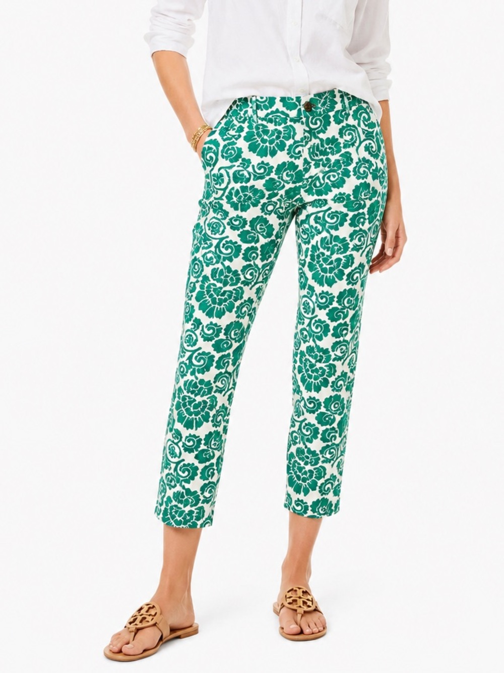 Tory Burch Walton Green White Print Cropped Pants Size 10